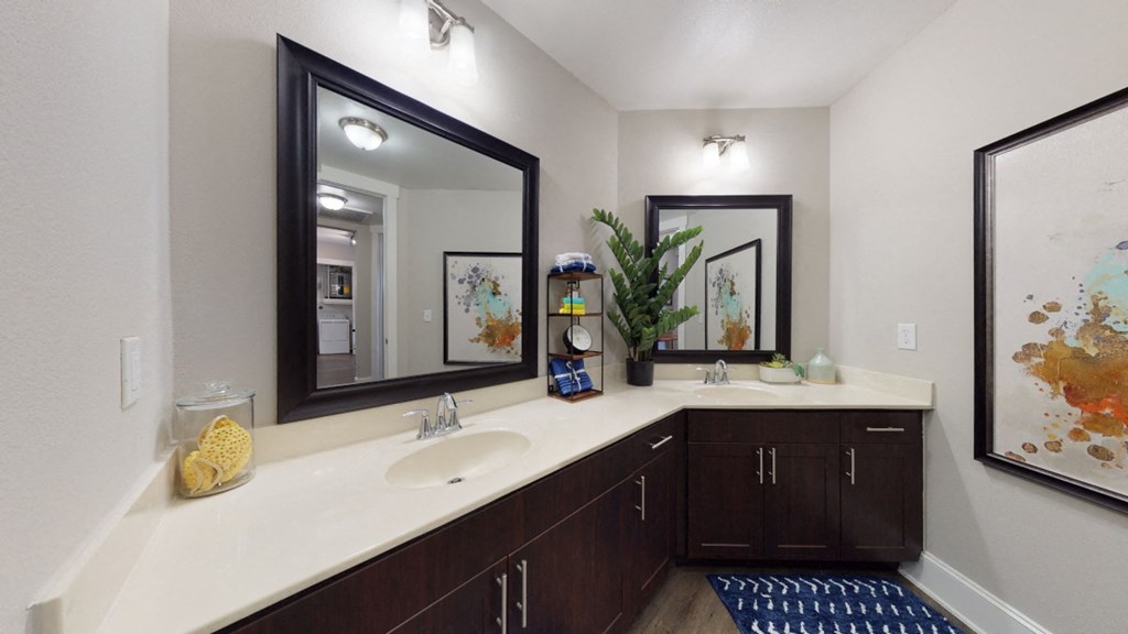 the preserve at ballantyne commons community bathroom with dual sinks and a large mirror