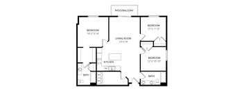 A black and white image of a house floor plan with a living room, kitchen, and three bedrooms.