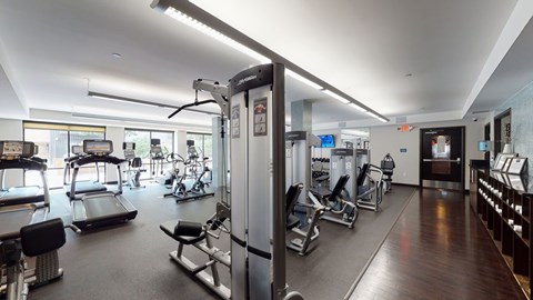 A gym with treadmills, exercise bikes, and other equipment.