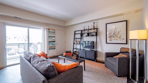 A living room with a grey couch and a coffee table.