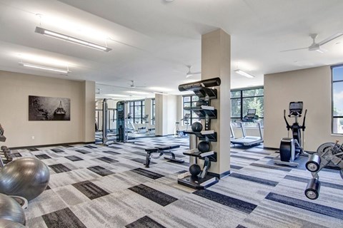 A spacious fitness center here at Gatsby featuring a bright open layout with large windows, modern cardio machines, strength training equipment, free weights, and stability balls arranged across patterned flooring. Neutral walls, ceiling fans, and ample lighting create a clean, energizing environment designed for a comfortable and effective workout experience.