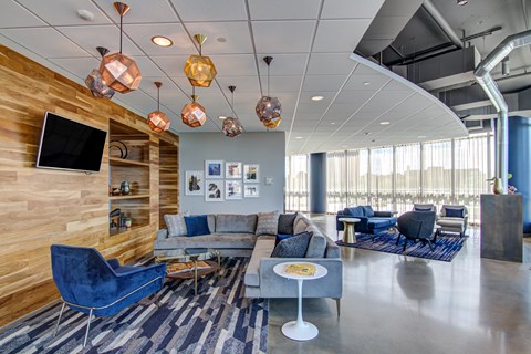 The resident lounge and community room inside the LPM Apartments in Minneapolis.