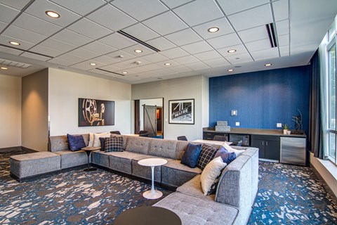 The resident lounge or media room at the LPM Apartments in Minneapolis.