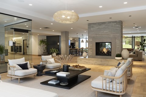 A modern living room with a fireplace and comfortable seating.