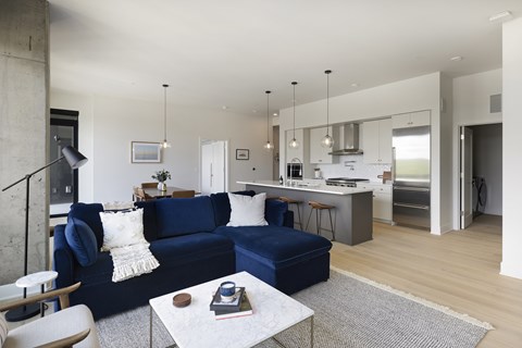 A modern living room with a blue sofa and a coffee table.