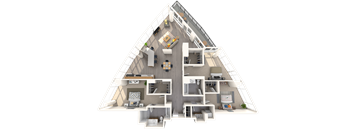 a 3d visualization of a house with a triangular floor plan