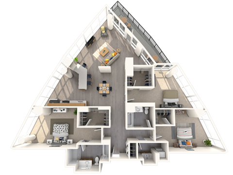 a 3d visualization of a house with a triangular floor plan