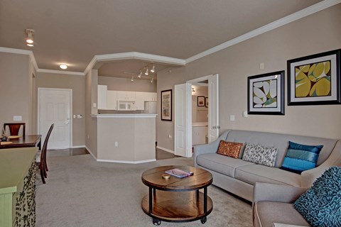 A living room with a grey couch and a coffee table.