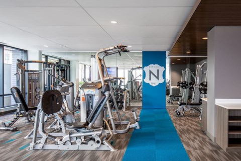 A modern fitness center here at The Nic on Fifth featuring a wide range of strength and cable machines, free weights, and workout stations arranged on patterned flooring, with floor-to-ceiling mirrors, large windows for natural light, and a bold blue accent wall creating a bright, functional space designed for daily training and wellness.