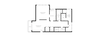 A floor plan of a house with a living room, dining room, kitchen, and bathrooms.