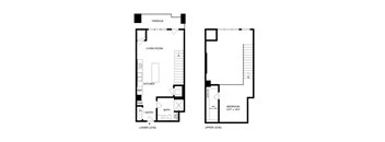 A floor plan of a two level home with a living room, kitchen, bathroom and bedroom.