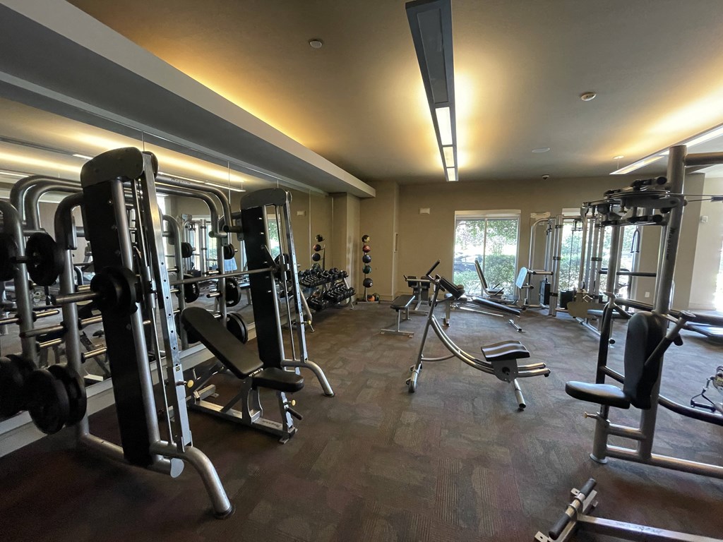 A spacious gym here at Cityplace Heights Apartment Homes with weight machines, benches, and free weights. Mirrors line the walls, enhancing the bright, open feel of the well-lit room.