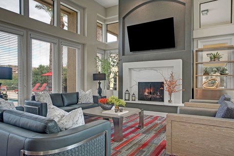 a living room with couches and a tv and a fireplace