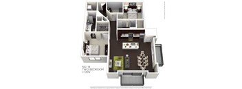 A floor plan of a two bedroom apartment with a den.