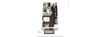 A floor plan of a studio apartment with a living room, bedroom, and kitchen.