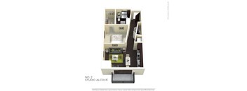 A floor plan of a studio alcove with a bed, desk, and kitchenette.