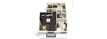 A floor plan of a one bedroom apartment with den.