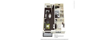 A floor plan of a one bedroom apartment with a den.