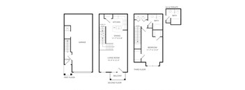 A set of three floor plans for a house with a garage, living room, and bedrooms.