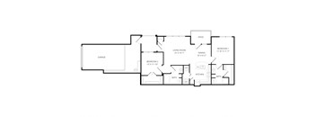 A floor plan of a house with a garage, two bedrooms, a living room, a dining room, a kitchen, and two bathrooms.