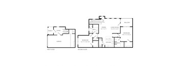 A floor plan of a two-story house with a garage and a balcony.