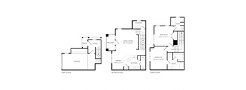 A black and white diagram of a three-story house with labeled rooms.