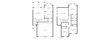 A black and white image of a two-story house floor plan.