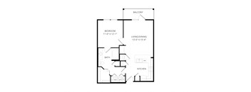 A floor plan of a house with a balcony, bathroom, bedroom, living/dining area, and kitchen.