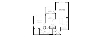 A floor plan of a house with a study, bedroom, bath, pantry, living/dining area, and kitchen.