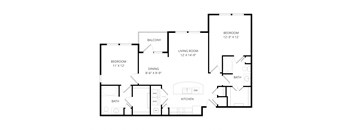 A floor plan of a house with a balcony, two bedrooms, a living room, a dining area, a kitchen, and two bathrooms.