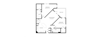 A floor plan of a home with two bedrooms, a living/dining area, a kitchen, and two bathrooms.