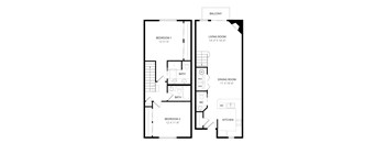 A black and white image of a floor plan for a two bedroom apartment.