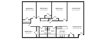 A black and white image of a house floor plan with four bedrooms and a living room.
