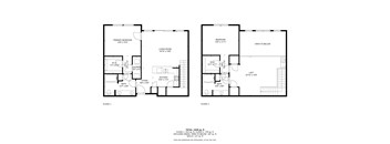 A floor plan for a two-story home with a living room, two bedrooms, a bathroom, a kitchen, and an open area to the basement.
