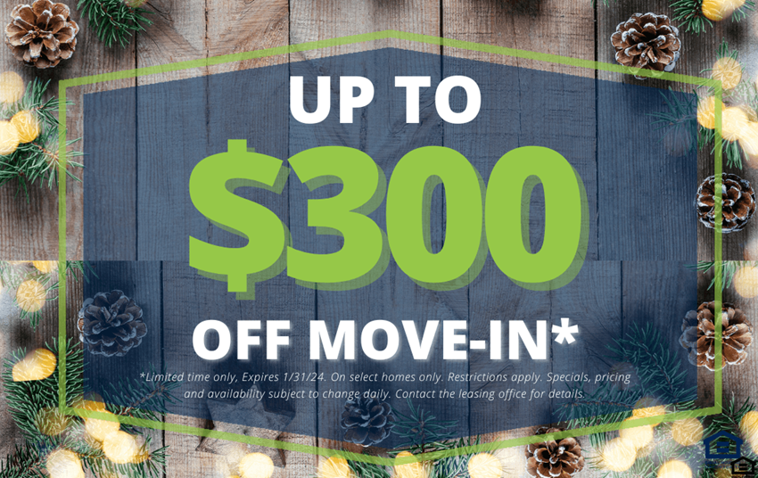 a sign that says up to 300 off move in with a christmas tree