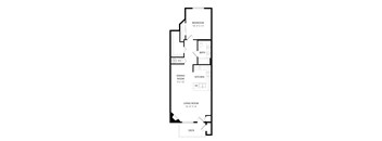 A floor plan of a house with a bedroom, bath, dining room, kitchen, living room, and a deck.