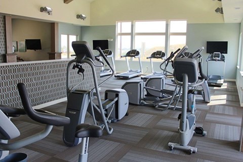 A modern fitness center here at Renaissance Heights featuring a variety of cardio machines and strength equipment, large windows that bring in natural light, neutral-toned flooring, mounted televisions, and an open, well-lit layout designed for comfortable and convenient resident workouts.