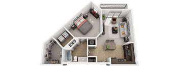 A 3D floor plan of a house showing a kitchen, living room, and bedrooms.