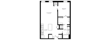 A black and white image of a floor plan for a small apartment.