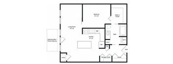 A floor plan of a small apartment with a living room, bedroom, kitchen, and bathroom.