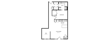 A black and white image of a floor plan for a one bedroom apartment.