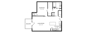 A floor plan of a small apartment with a bedroom, living room, kitchen, and bathroom.