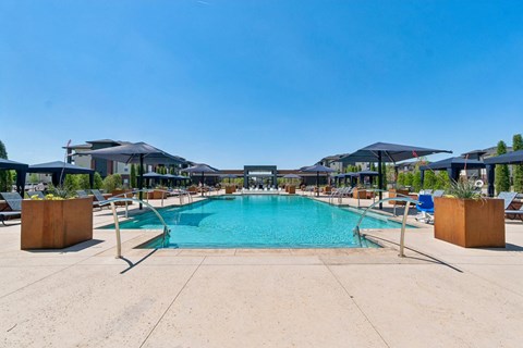 A large outdoor swimming pool surrounded by lounge chairs and umbrellas.