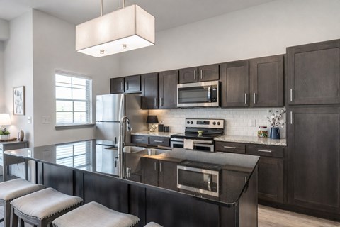 A modern kitchen with dark brown cabinets and stainless steel appliances.