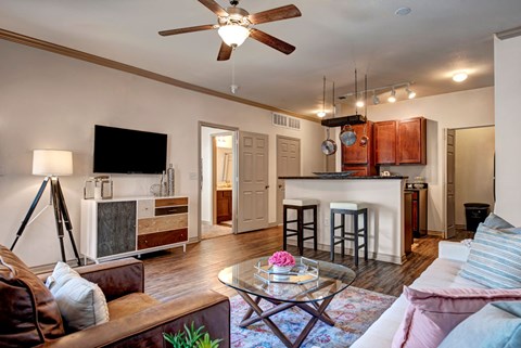 A living room with a brown couch and a coffee table.