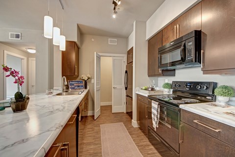 A modern kitchen with brown cabinets and a black countertop.