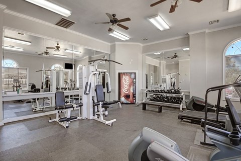 A well-equipped fitness center here at Stoneleigh on May with cardio machines, weight equipment, mirrored walls, and bright lighting. Ceiling fans and open space create an energizing, comfortable workout environment.