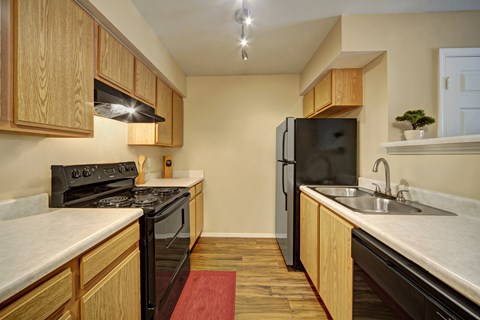A kitchen with a black refrigerator and stove.