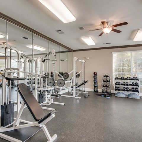A well-equipped gym with a variety of exercise machines and weights.