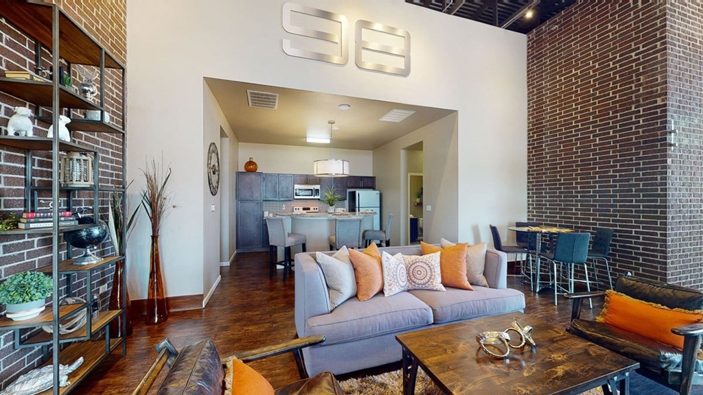 a living room with a couch and a table